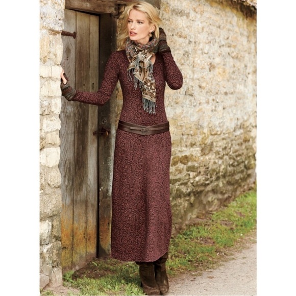 Peruvian Connection Burgundy Moroccan Tile Long Sleeve Maxi Dress Size XS - Picture 1 of 10